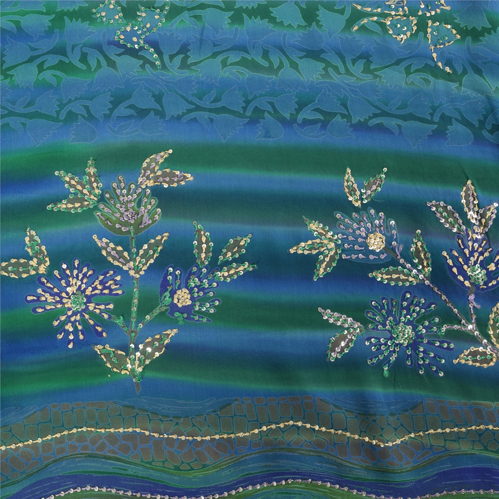 Sanskriti Vintage Saree Blue Pure Crepe Silk Hand Embroidered-Print 5.5+YD Sari