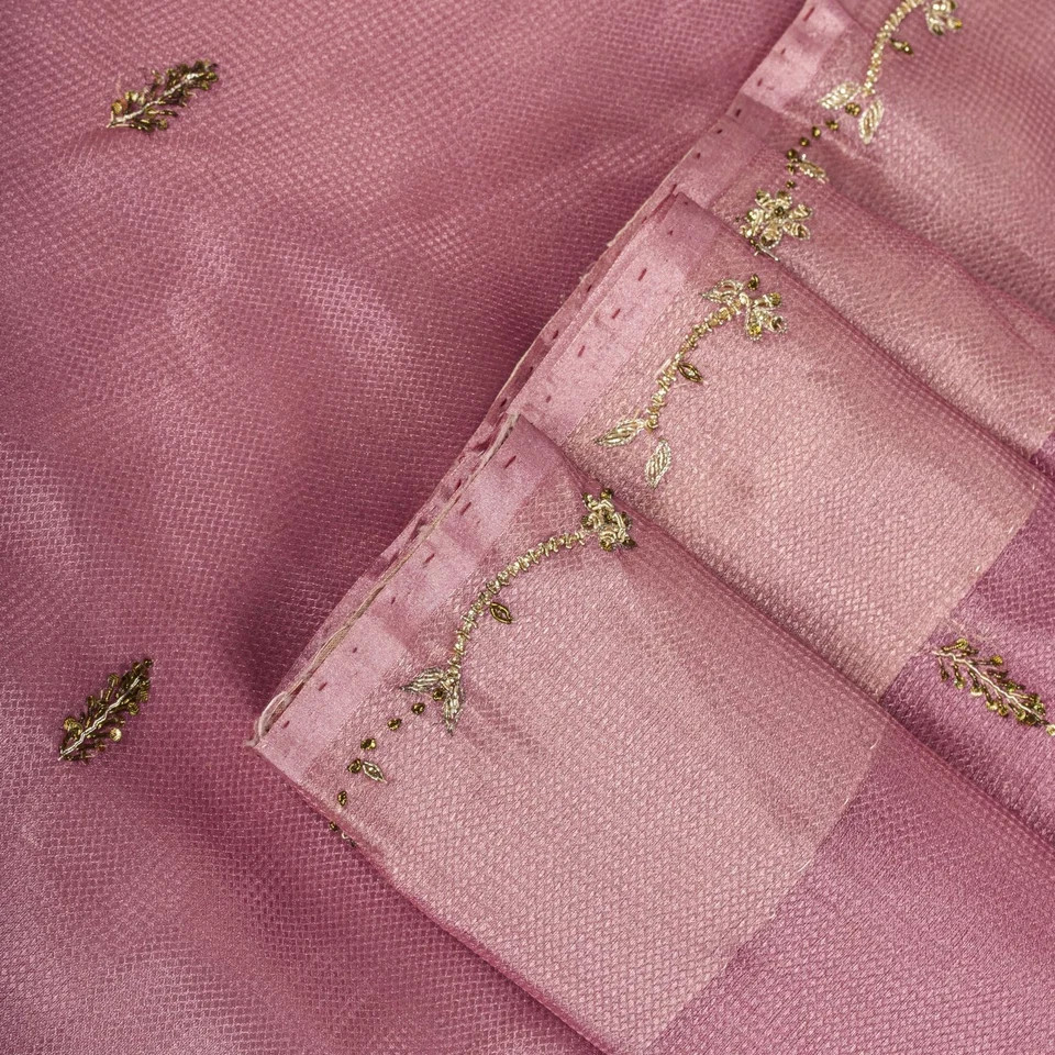 Sanskriti Vintage Saree Pink Art Silk Hand Embroidered Zardozi Fabric 6Yard Sari