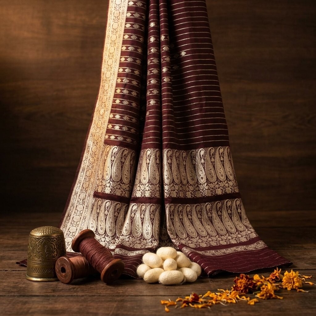 Sanskriti Vintage Maroon Pure Satin Saree Banarasi Brocade Zari Hand-Woven Sari