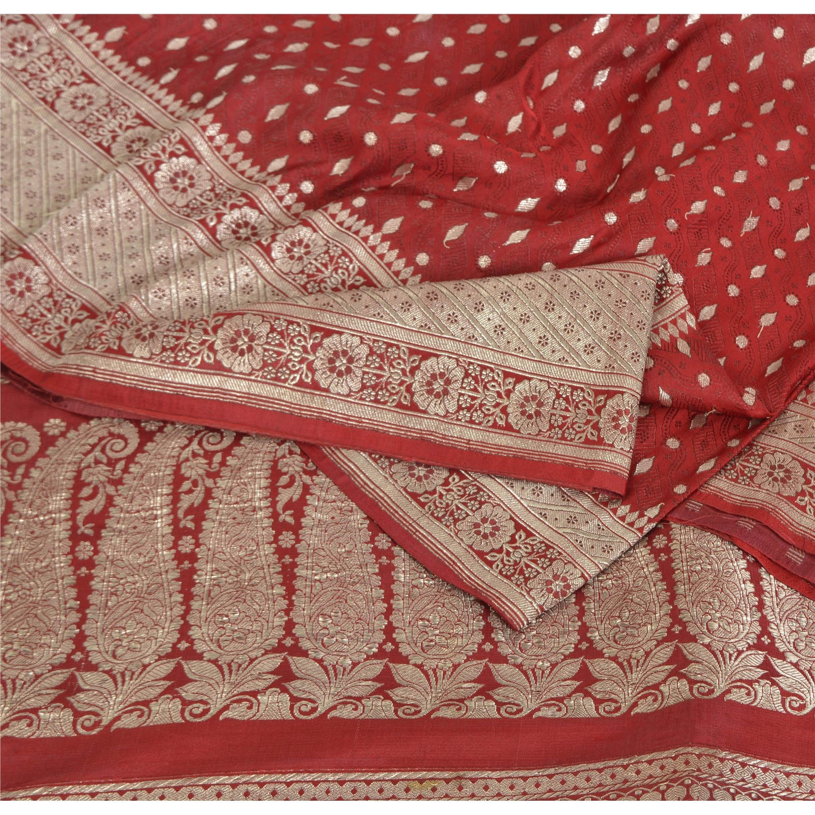 Sanskriti Vintage Red Sarees Pure Satin Zari Hand Woven Banarasi/Brocade 4.5+YD