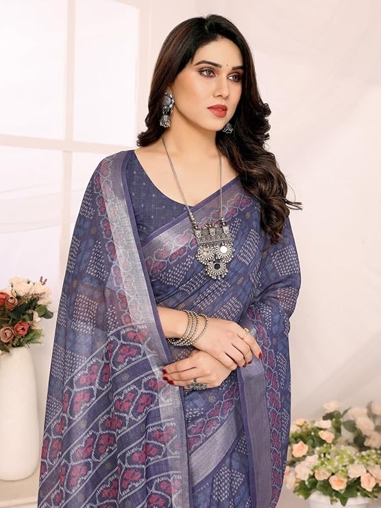 Women’s Striped Pattern Cotton Silk Saree and Unstitched Blouse Piece