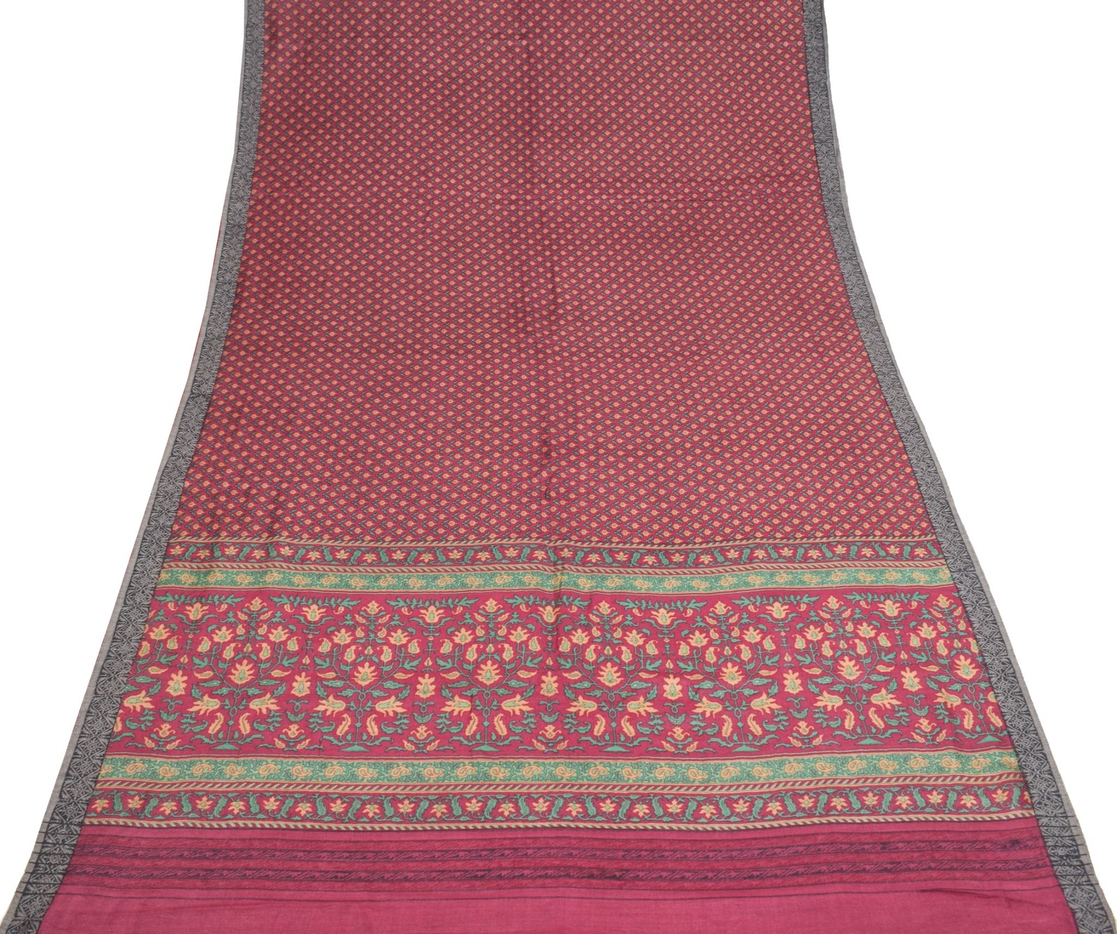Sushila Vintage BRANDED Magenta Saree Pure Woolen Floral Print Soft Sari Fabric