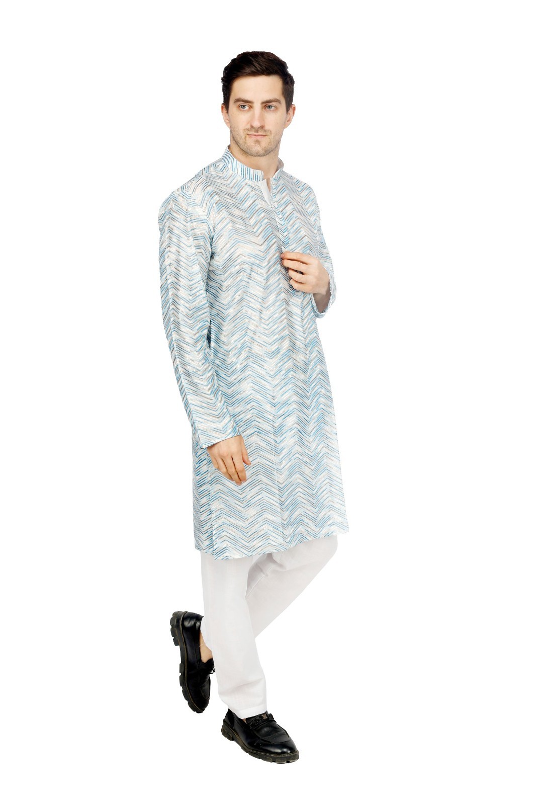 TRILOKI Men Kurta Set Chanderi Pink Geometric Ethnic Indian Traditional Wear