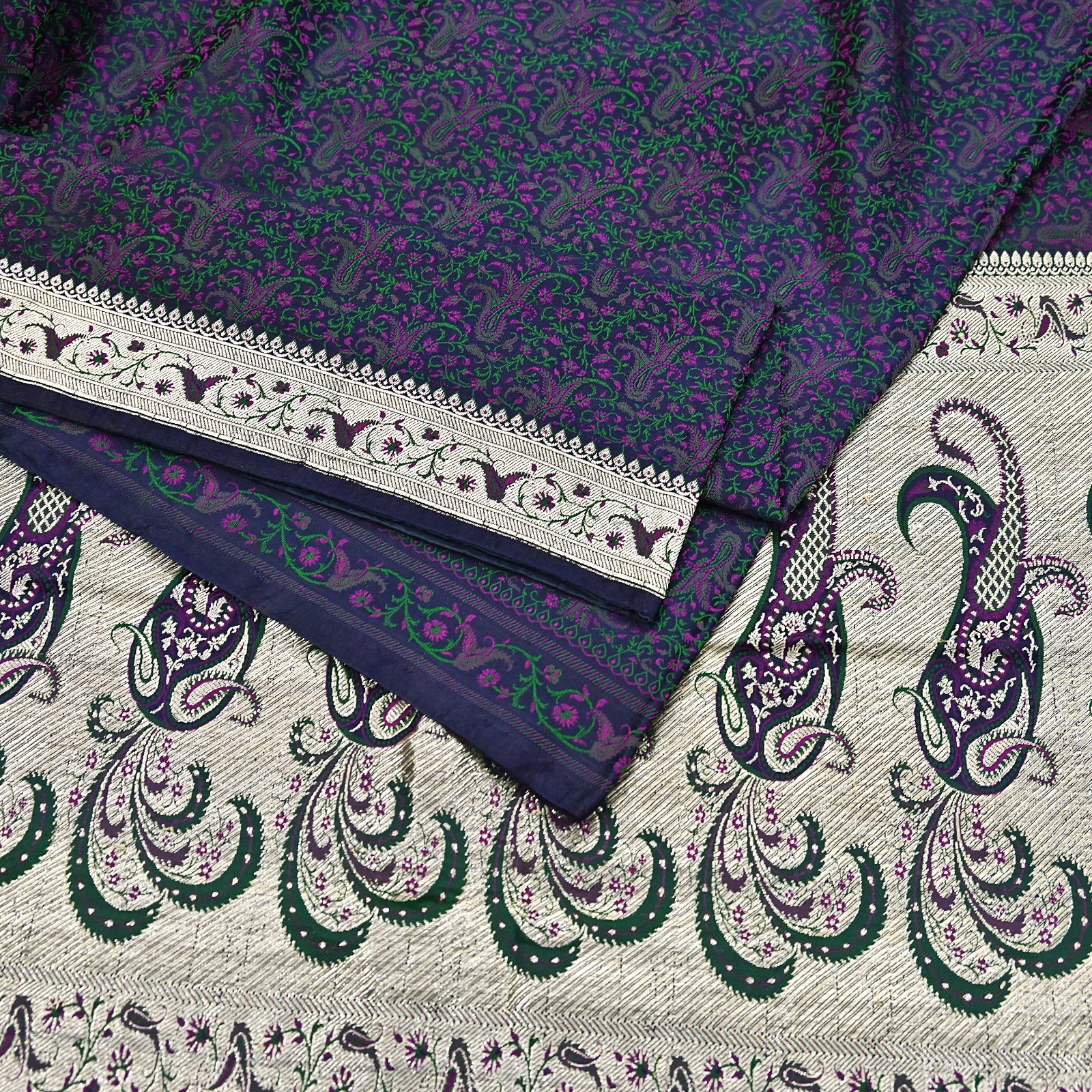 Indian Vintage Sari Blue Heavy Pure Satin Silk Woven Banarasi Tanchoi Sari Zari