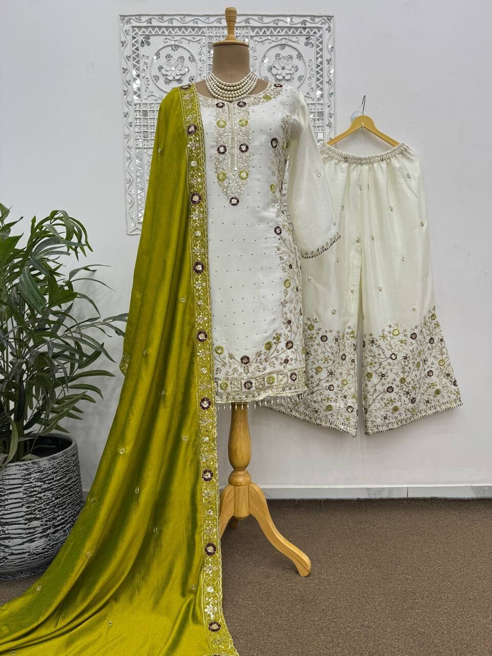 New Presenting Olive Green Chinon Silk Kurta Palazzo With Dupatta For Women
