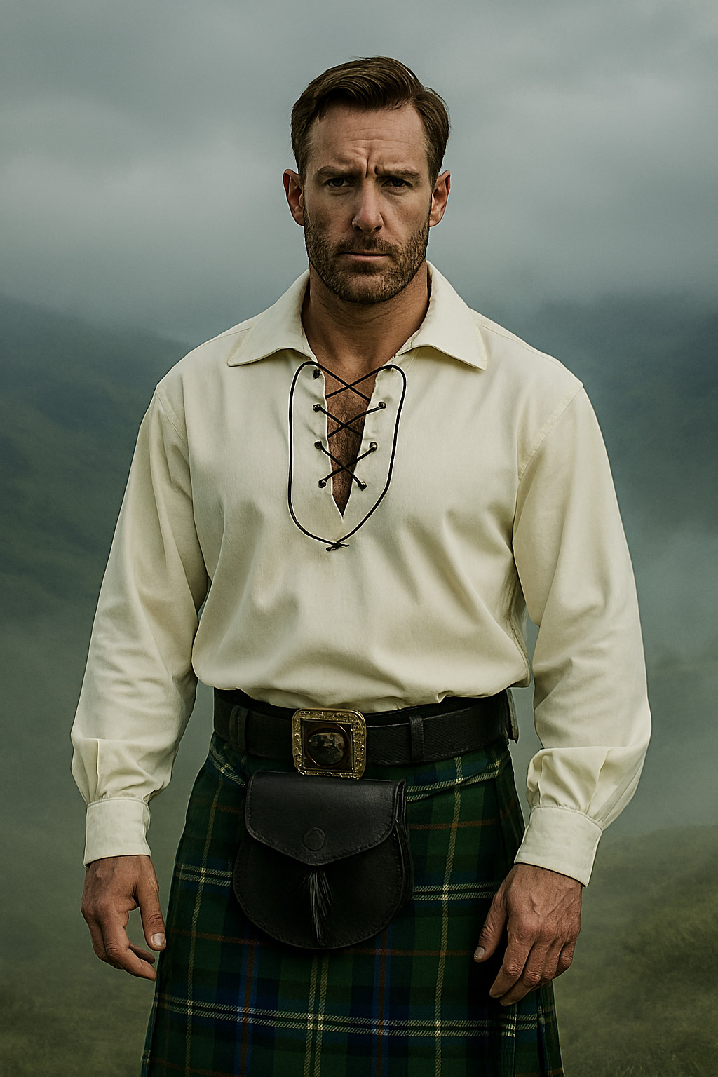 Cream Scottish Highland Jacobite Jacobean Ghillie Kilt Shirt