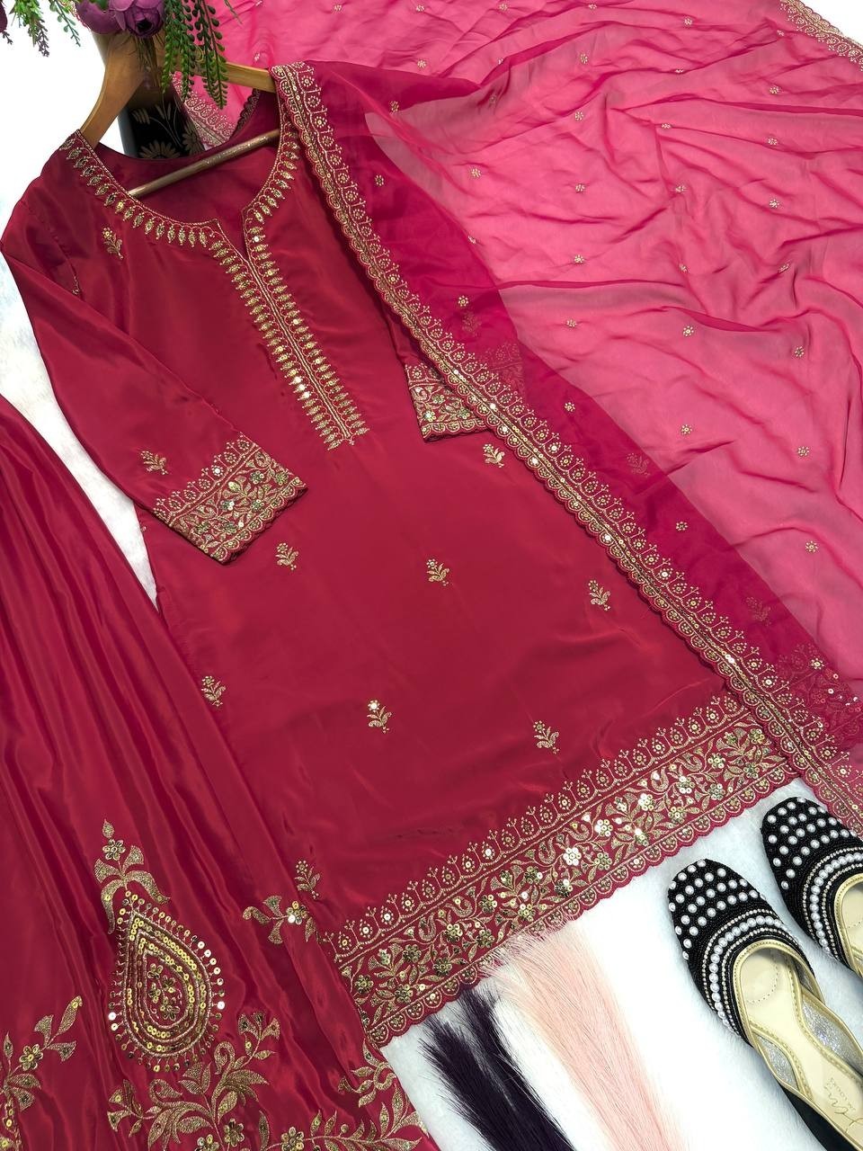 New Latest Heavy Natural Crep Silk Pink Top Palazzo With Dupatta For Festival