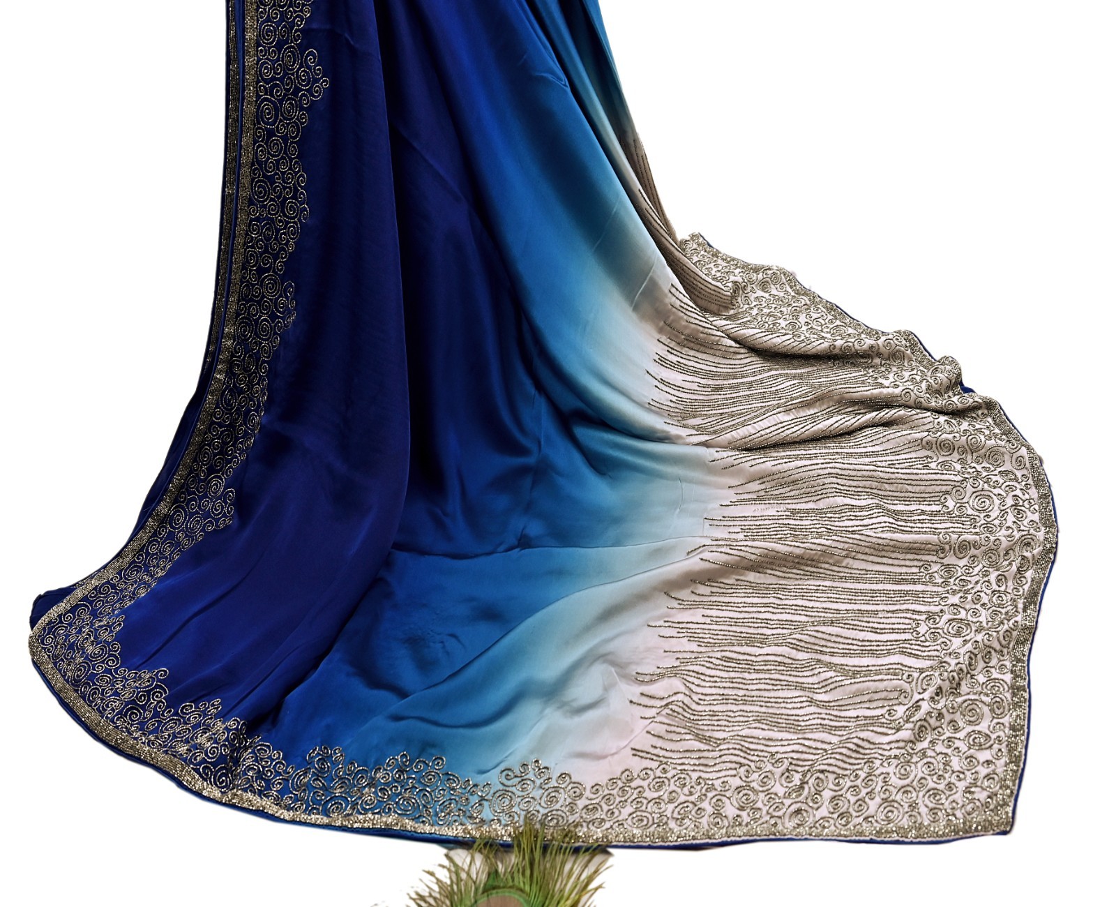 Rare Vintage Silver & Blue Pure Satin Silk Saree Hand Embroidered Fabric 5.5 Yd