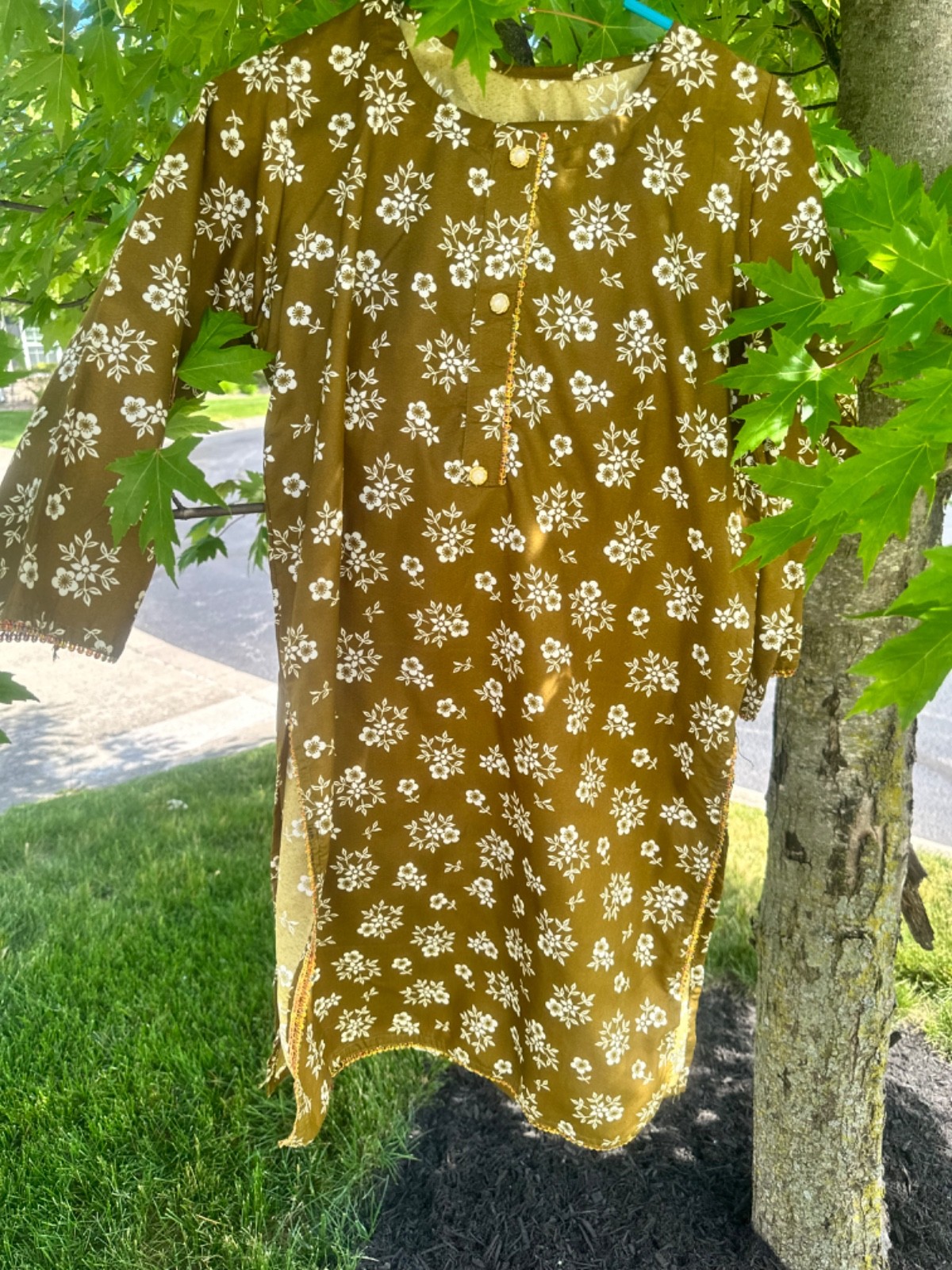 Handmade Pakistani Olive Green Floral Cotton Kurta Trouser 2-Piece Set Size S