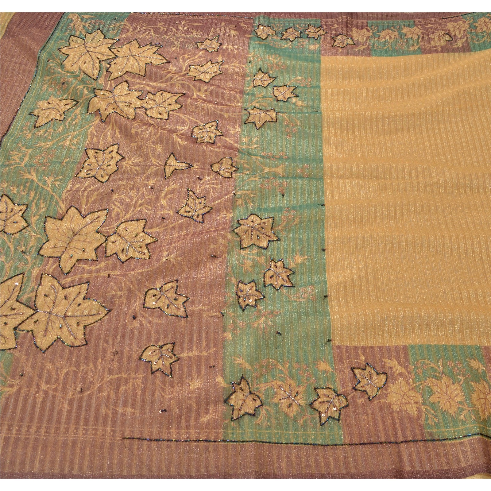 Sanskriti Vintage Sarees Cream Net Mesh Hand Beaded Woven Fabric Premium Sari