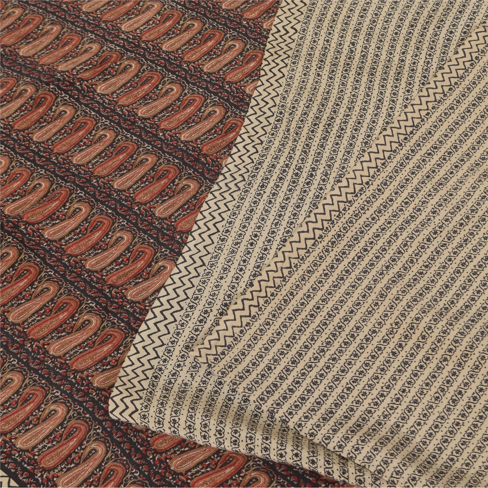 Sanskriti Vintage Sarees Ivory Pure Crepe Silk Printed Sari 5+Yd Craft Fabric