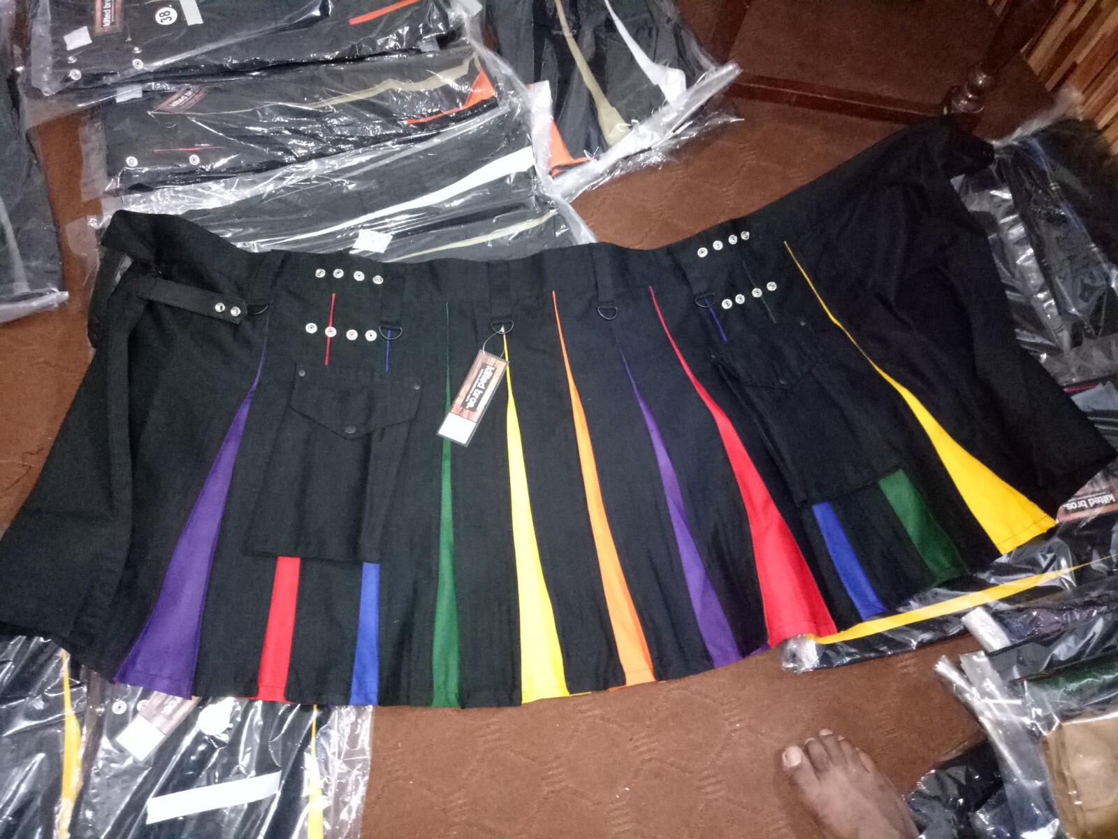 Deluxe hybrid Black/Rainbow Utility Cargo Kilt With Two Pockets Size 28″ To 60″