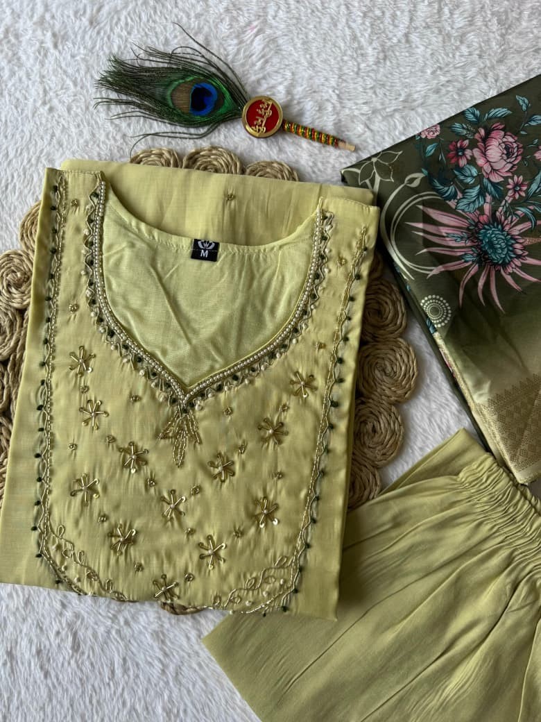 Designer Pakistani Mul Chanderi Kurti Pant Dupatta Set Readymade Suit for Women