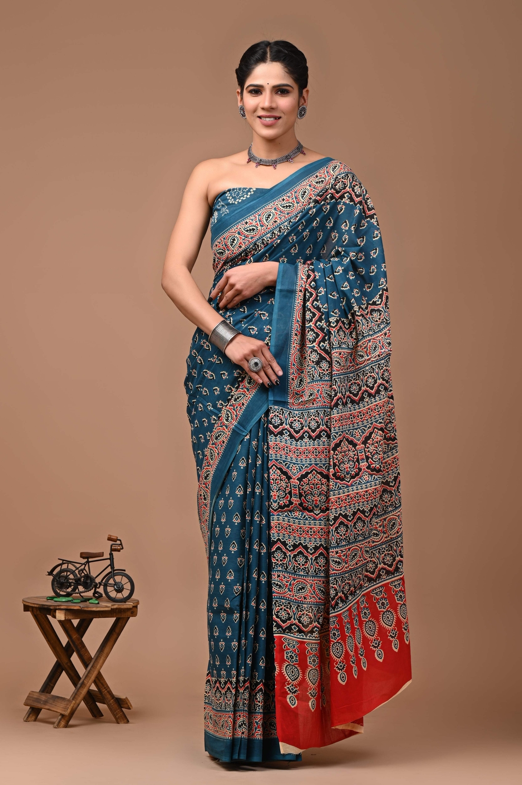 Indian Printed Skyblue Pure Cotton Mulmul Saree With Blouse, 5.50 Meter Sari