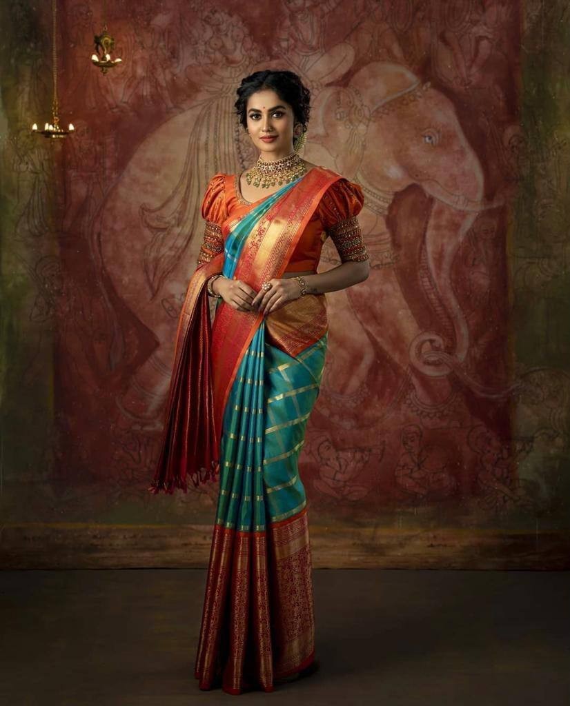 Designer Red Lichi Silk Saree withgreen linen saree, silver border saree, Indian