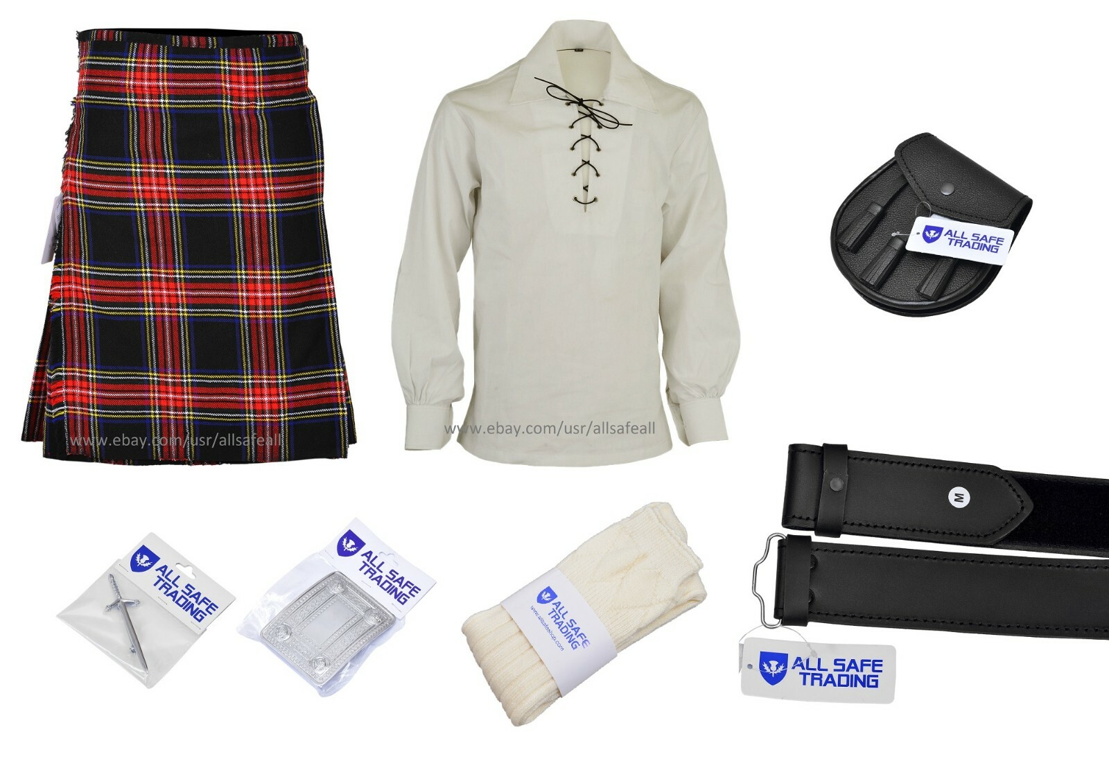 Men Scottish 9 Piece 8 Yards Kilt Outfit with Sporran, Black Stewart Tartan