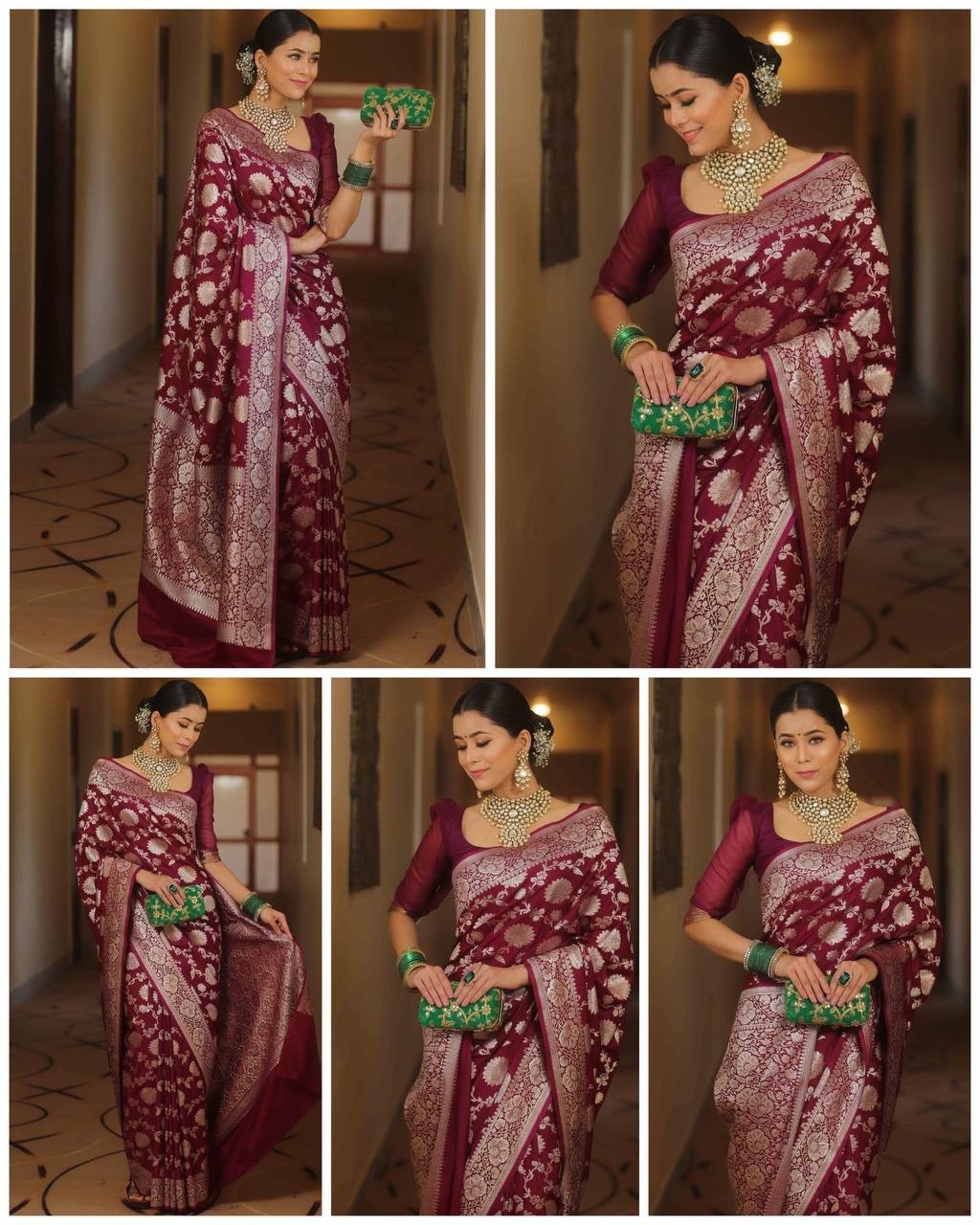 Indian Wedding Saree Maroon Soft Silk Jacquard with Rich Pallu & Brocade Blouse