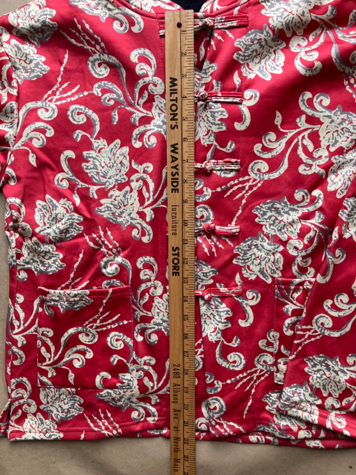Women’s L Red Floral Fleece-Lined Jacket Chinese Frog Closure Coat Boho