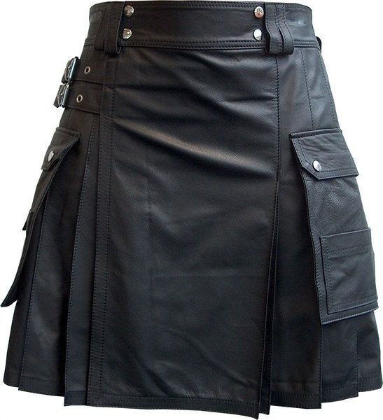Men’s Real Leather Kilt Cargo Pockets Pleated Kilt Utility Kilt Clubwear Kilt