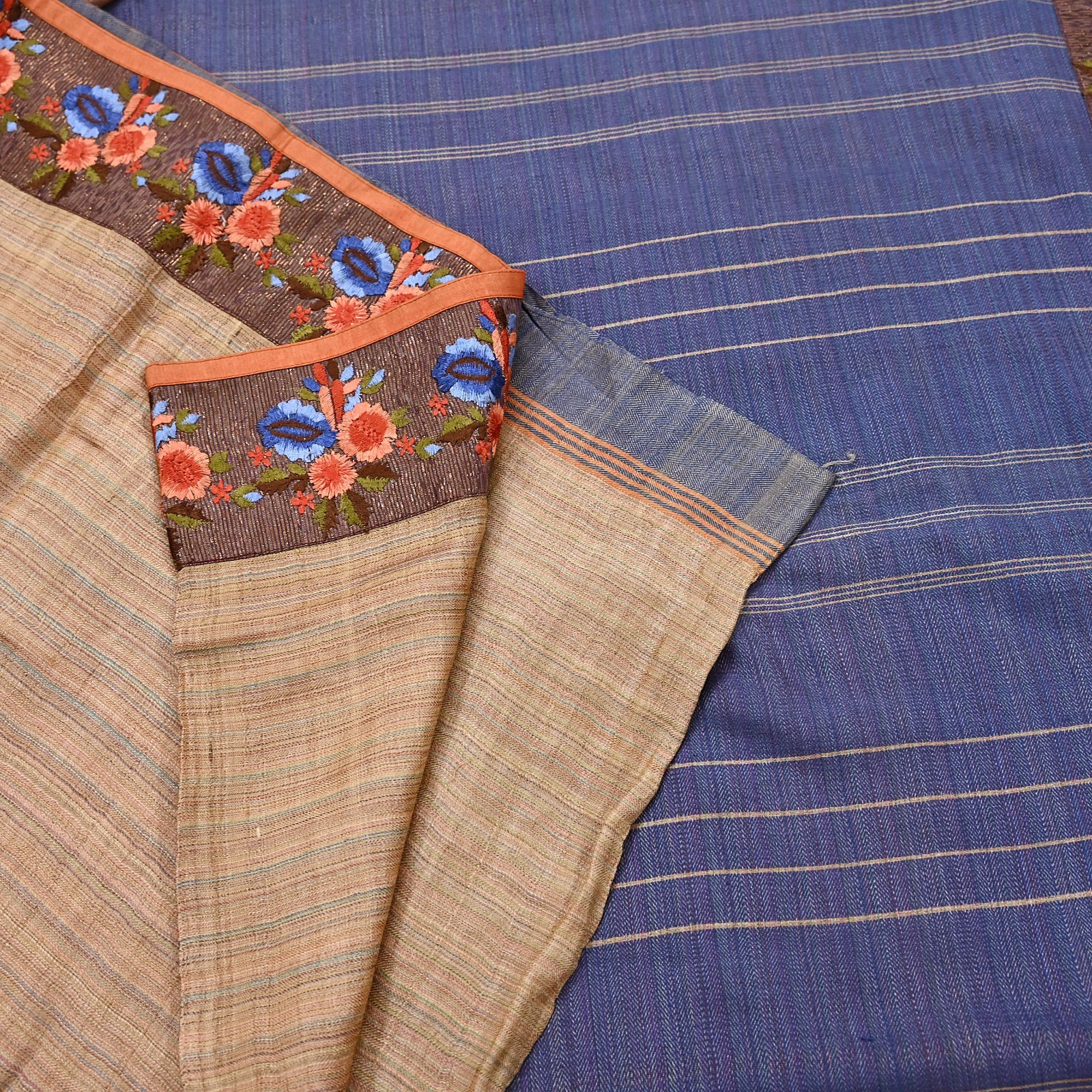 Vintage Blue beige Green Wool Saree Indian Pure Wool Floral Woven Fabric 5 Yard