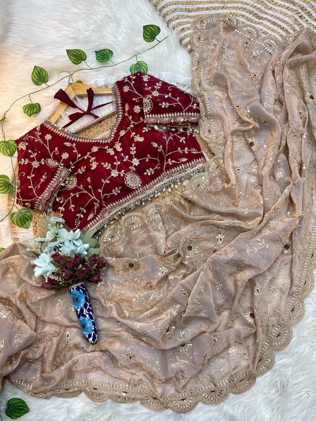 Wine Maroon Embroidered Organza Saree With Heavy Designer Blouse Elegant Emerald