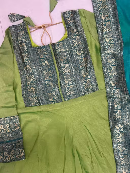 Women Parrot Green Anarkali Gown with Teal Blue Dupatta Set For Onam