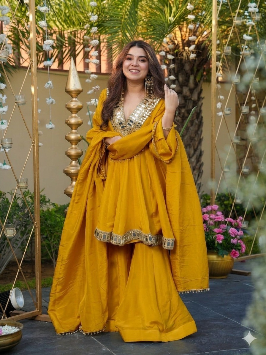 FESTIVAL SPECIAL REAL MIRROR WORK ON SILK FABRIC TOP AND PLAZZO WITH DUPATTA SET