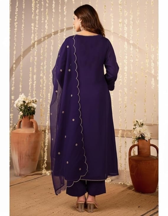 Women Embroidery Solid Anarkali Kurta and Pant Set with Dupattas