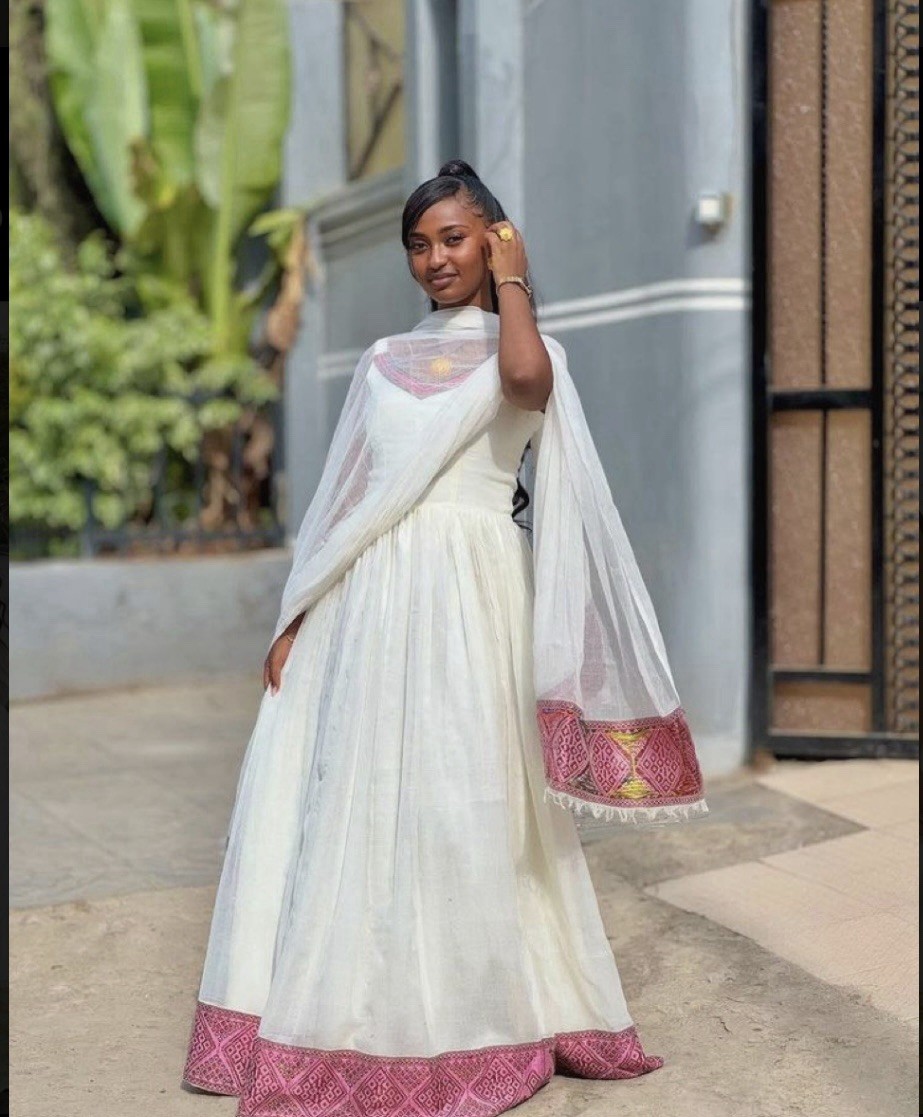 Beautifully Made With Pink Embellish Ethiopian And Eritreans Traditional Dress