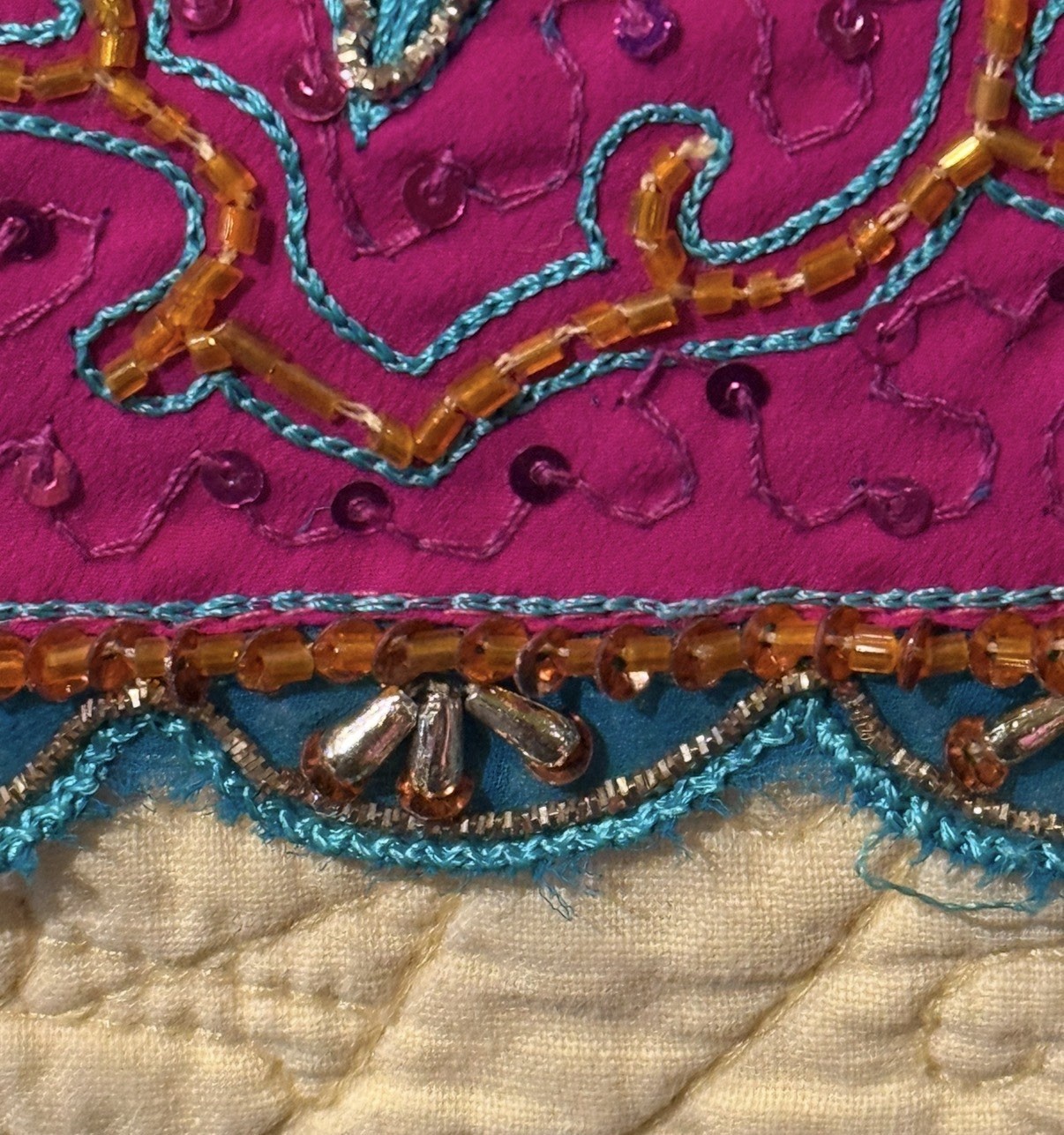 Vintage KELVIN Georgette Sari Turquoise/Fuchsia Embroidered Mukaish 48x 180″