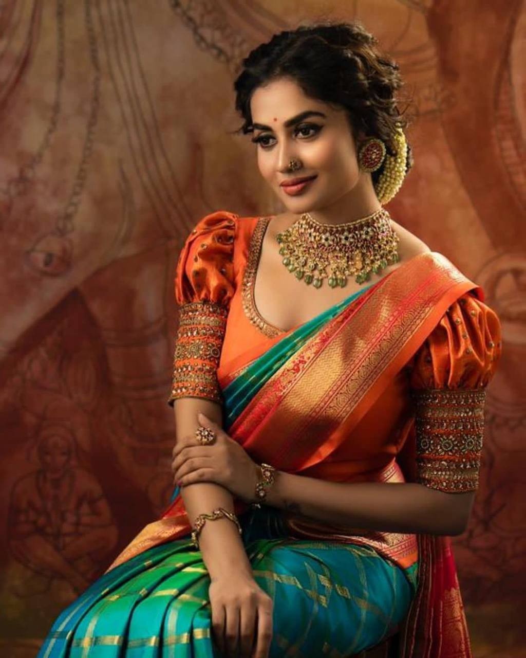 Designer Red Lichi Silk Saree withgreen linen saree, silver border saree, Indian
