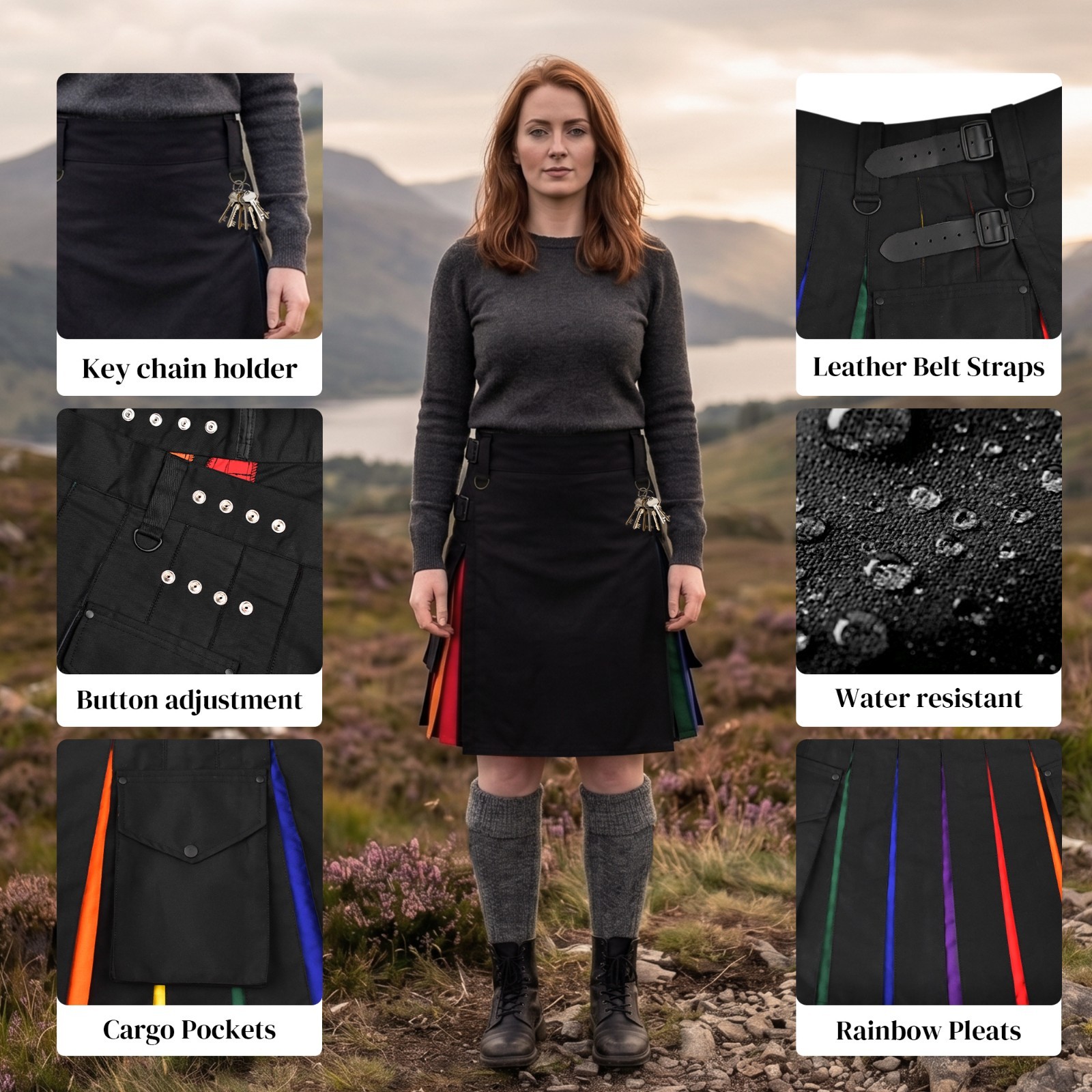 Hybrid Utility Kilts for Women Scottish Traditional Highland Rainbow Kilt