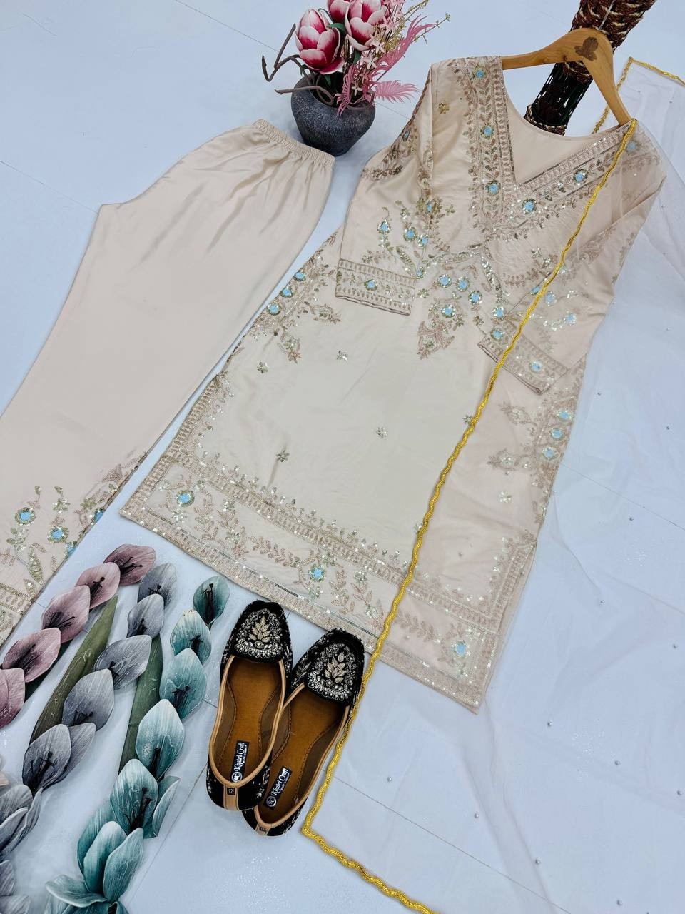 New Fashionable Off White Natural Silk Salwar Kameez With Net Dupatta For Women