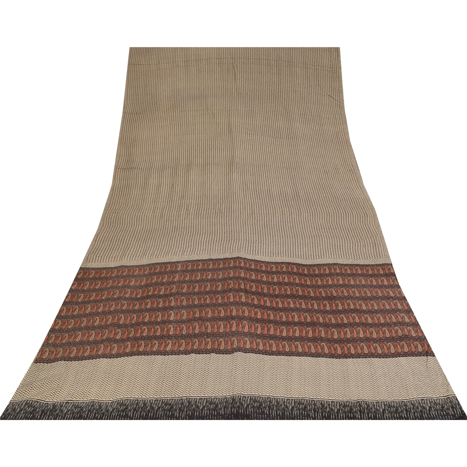 Sanskriti Vintage Sarees Ivory Pure Crepe Silk Printed Sari 5+Yd Craft Fabric