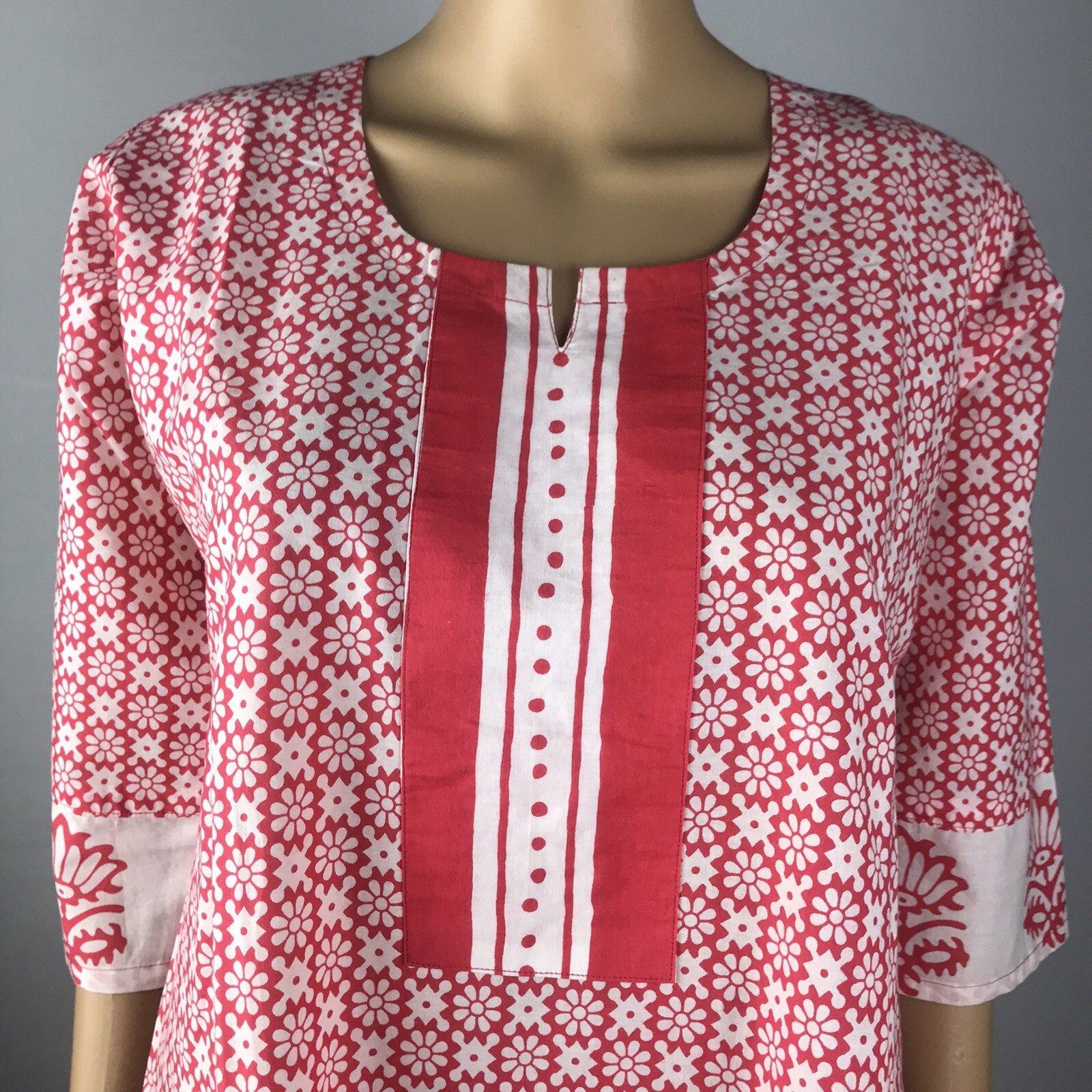 Women’s Kurta Kurti Red/white Floral Print Long Tunic Coverup L NWOT
