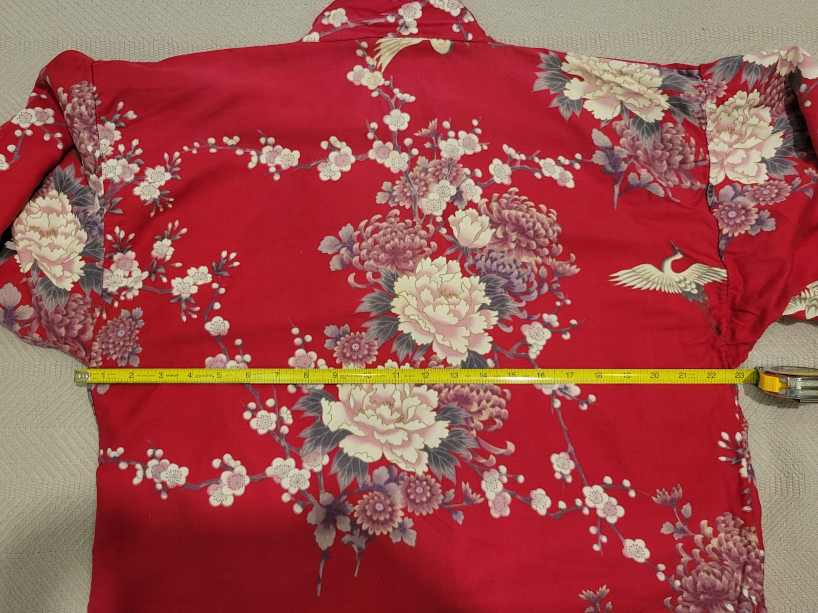 Japanese Cotton Kimono Robe Red Floral Crane Pattern Woven-One Size