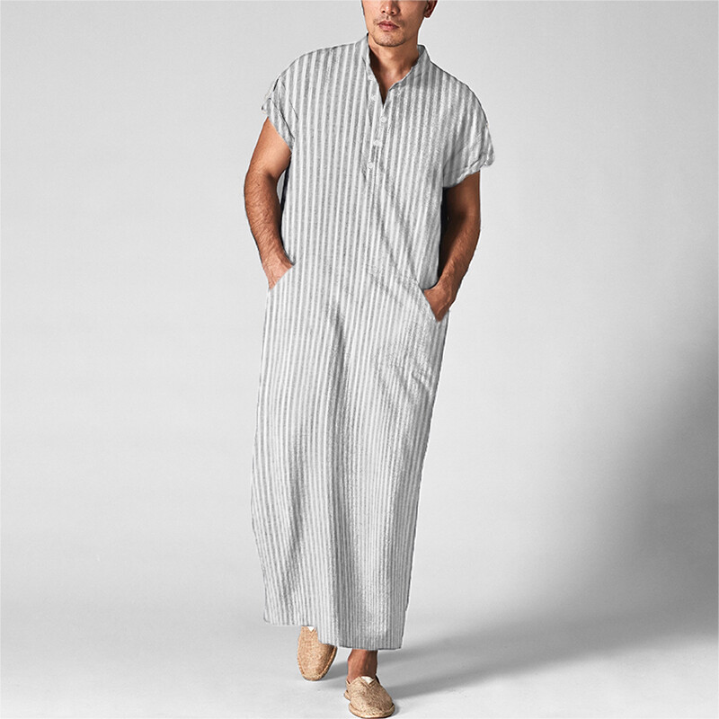 Fashion Men’s Muslim Short Sleeve Striped Thobe Saudi Arab Islamic Jubba Kaftan