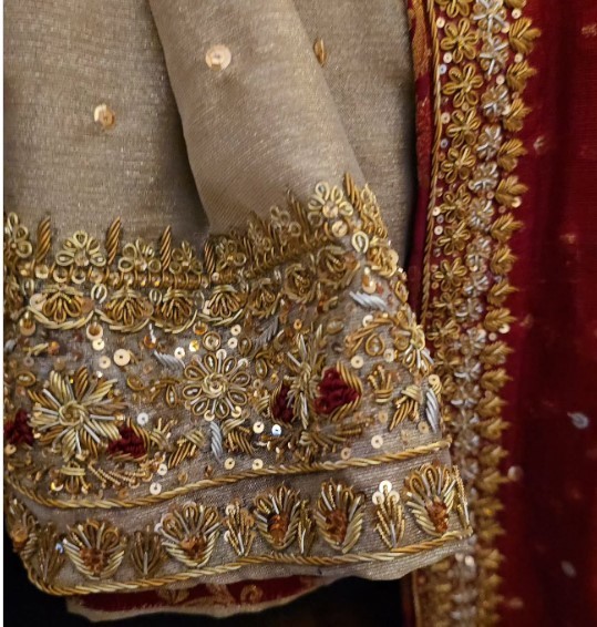 Elegant Handworked Kameez Set with Lace Border Dupatta in Deep Maroon & Beige