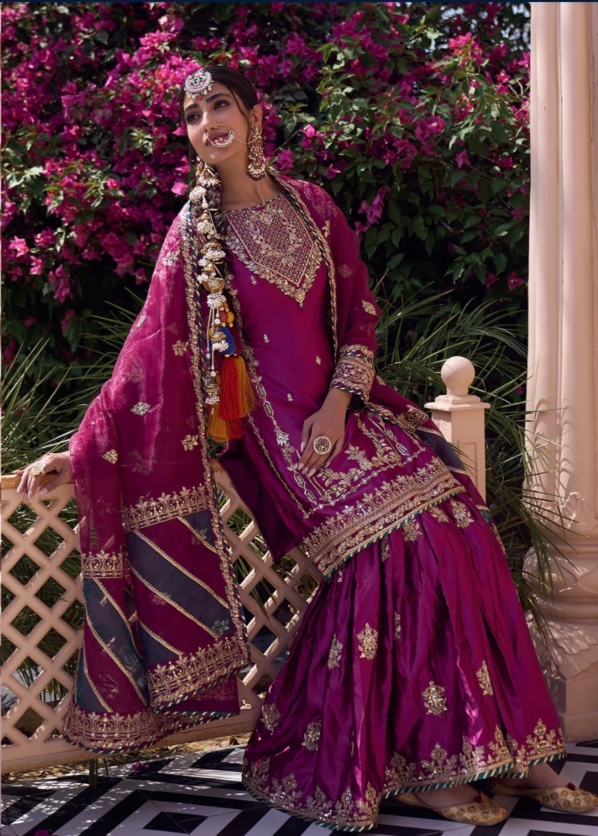 Indian Pakistani deep wine embroidered gharara suit