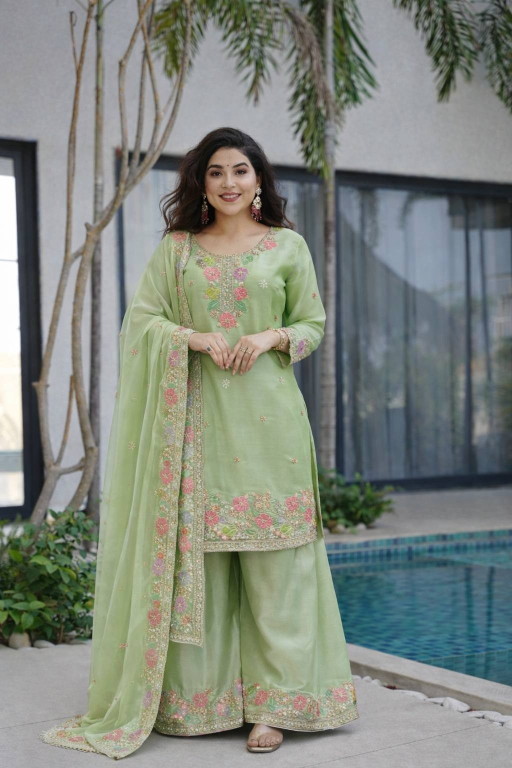 New Presenting Heavy Silk Pista Green Top Palazzo With Dupatta For Women Wear