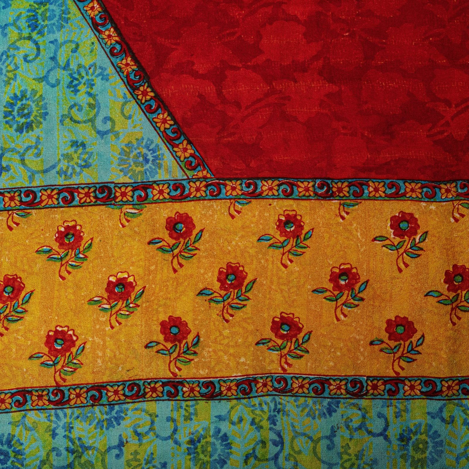 Sanskriti Vintage Saree Red Pure Georgette Silk Floral Block Printed Sari 5.5Yd