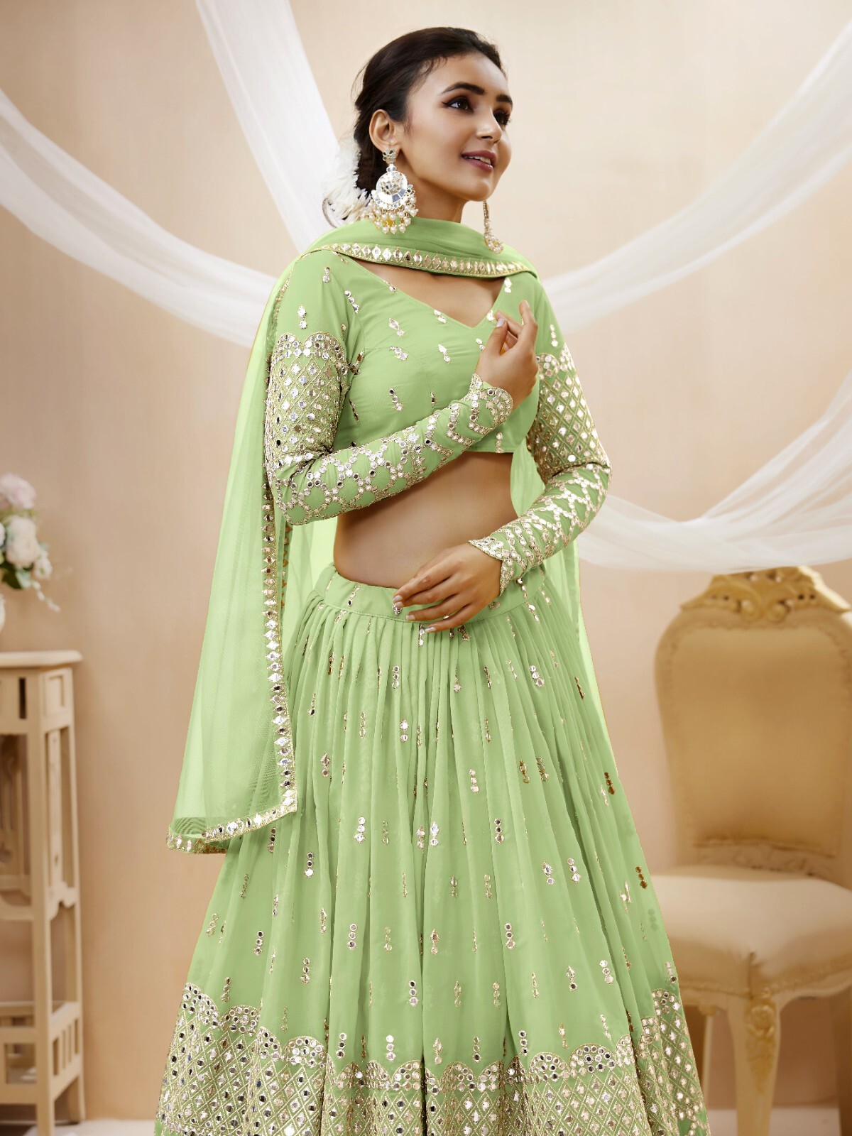 Unique New Pista Green Lehenga Choli With Fancy Dupatta For Wedding Wear