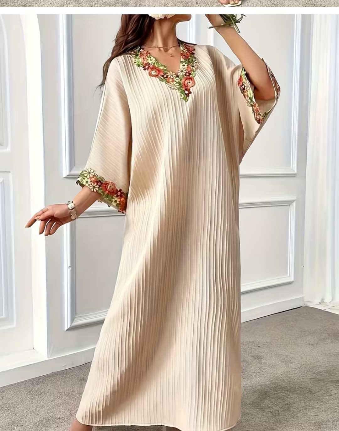 Handmade Women’s Beige/Gold Kaftan Dress, XL Pleated, Embroidered, Maxi