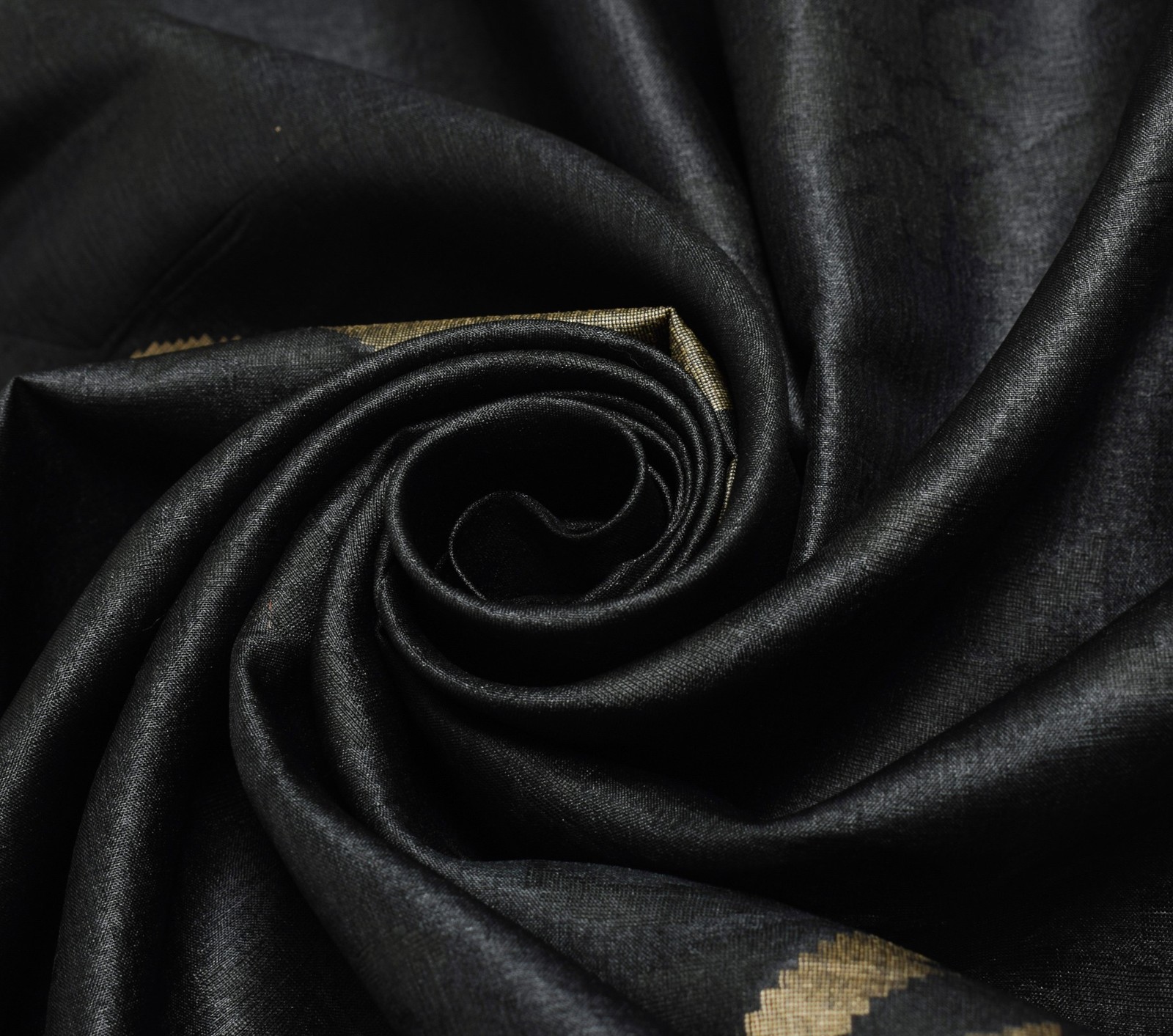 Sushila Vintage Black Saree with Green Border Pure Tussar Silk Woven Sari Fabric