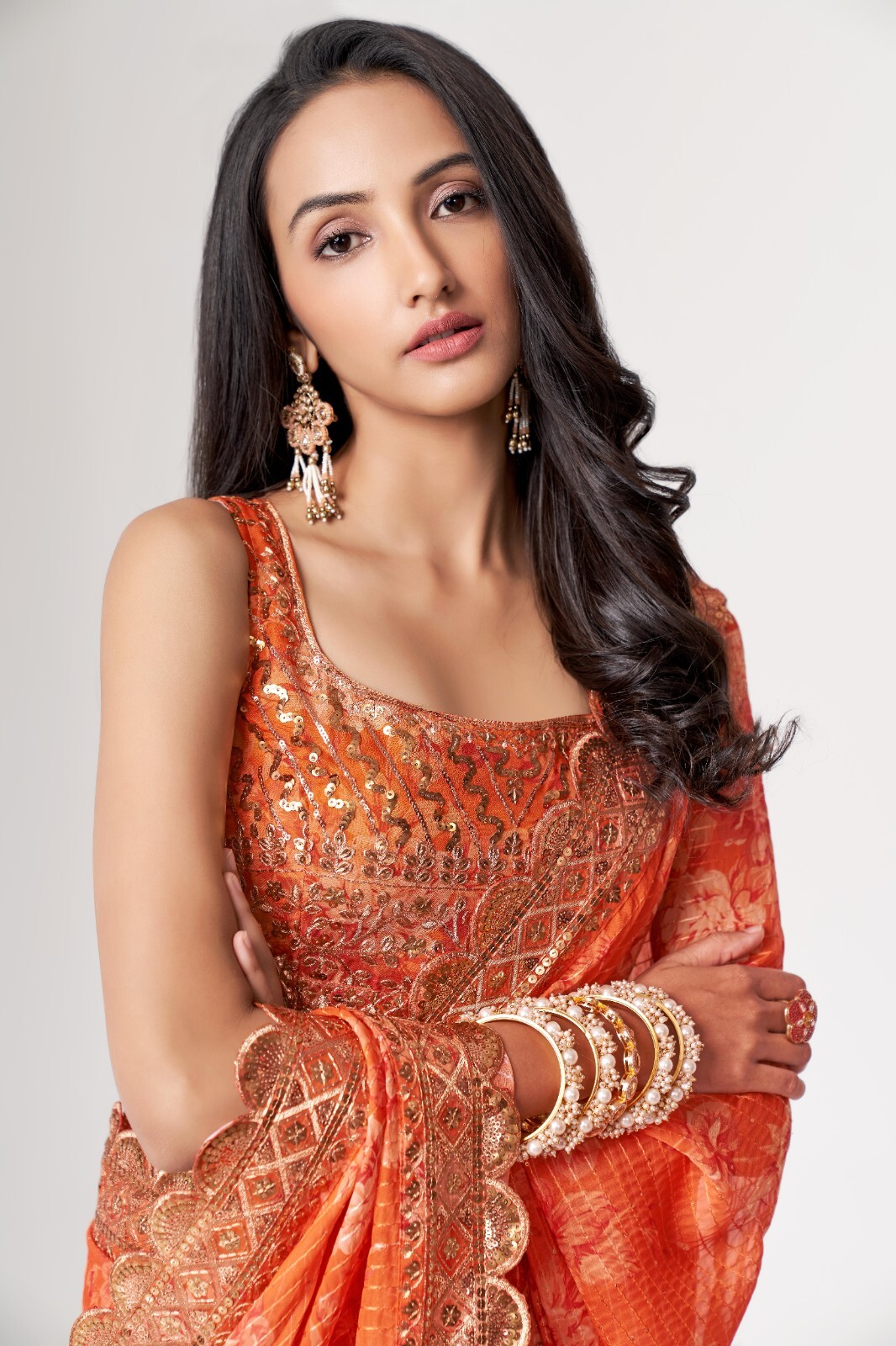 Orange Color Organza Saree With Fancy Blouse And Sequence Work For Women Wear
