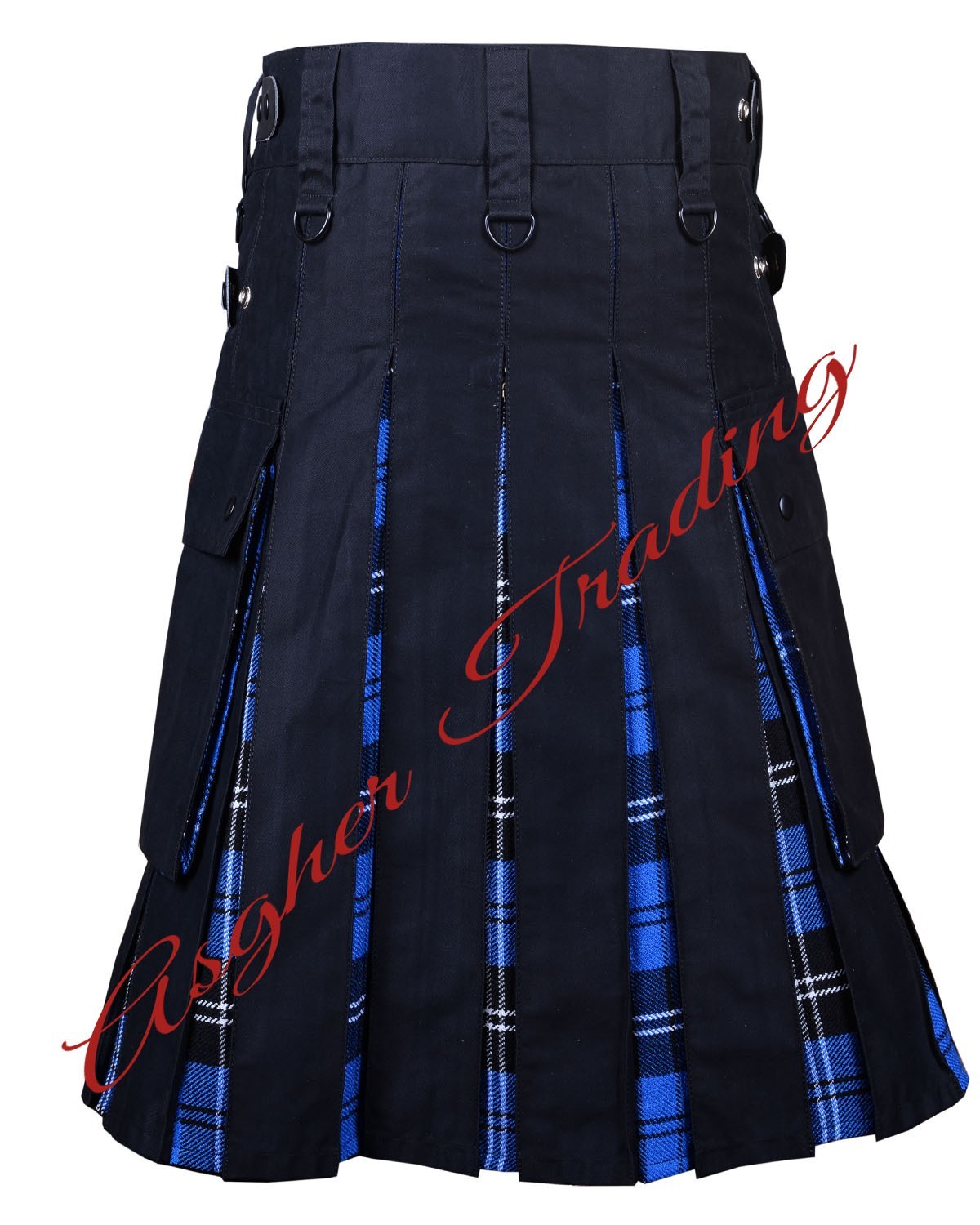Handmade Black With Ramsey Blue Tartan Hybrid Utility Kilt Men Custom Size Kilts