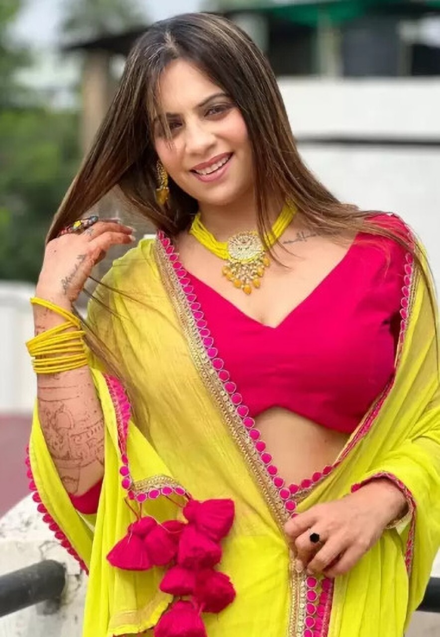 Printed Banarasi Georgette Saree (Yellow, Pink)