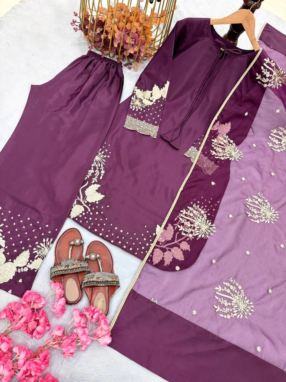 Collection Pur Natural Crepe ReadyMade Purple Top Palazzo With Dupatta For Women