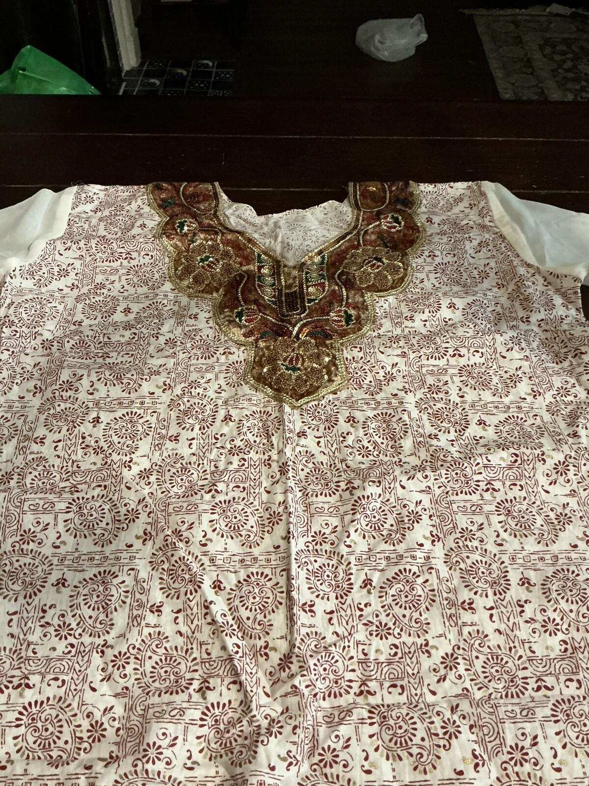 chiffon sleeve, sequined, paisley print cotton kurti, tunic, 37″ long, bust 46″,