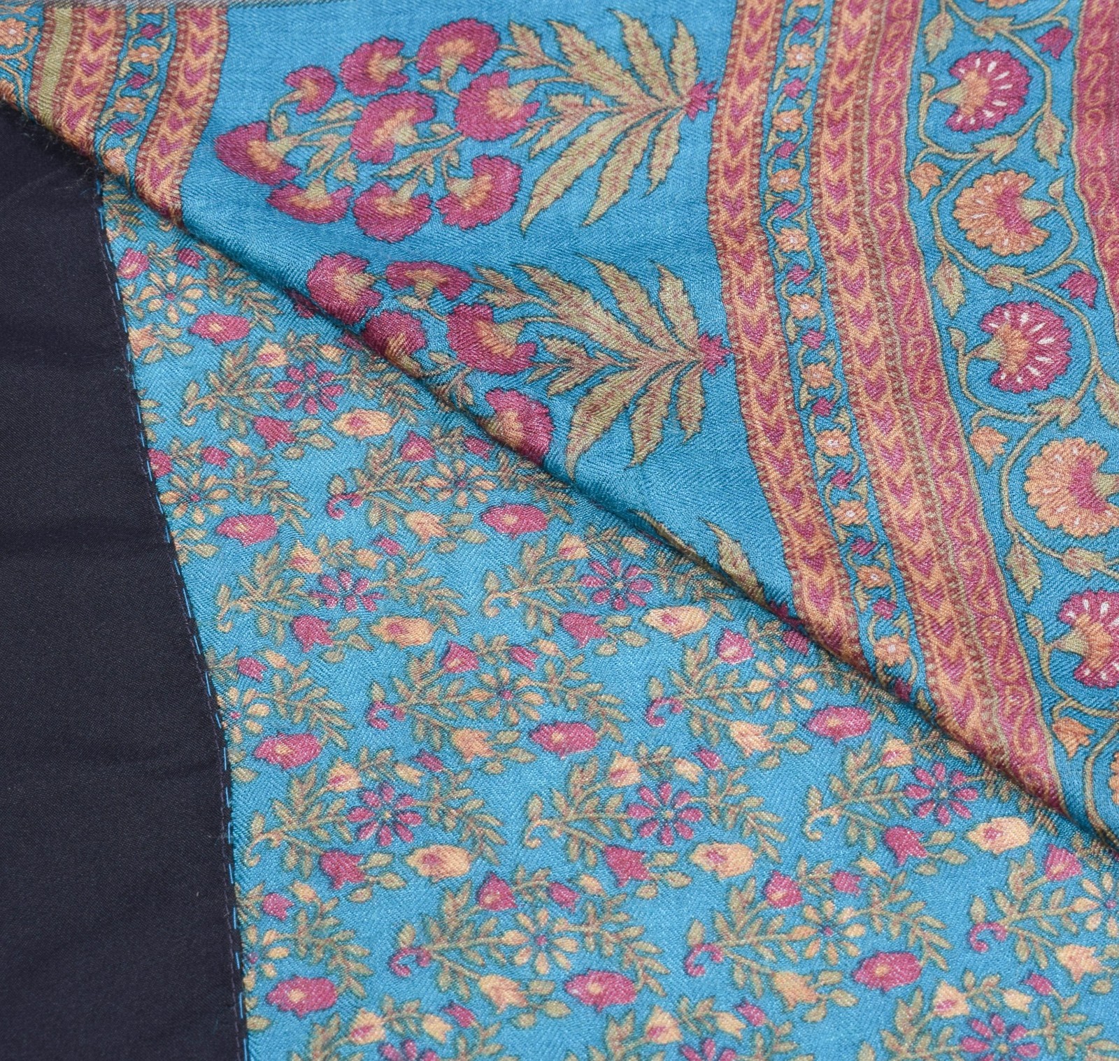 Sushila Vintage Teal Blue Saree Pure Woolen Floral Printed Soft 4YD Sari Fabric